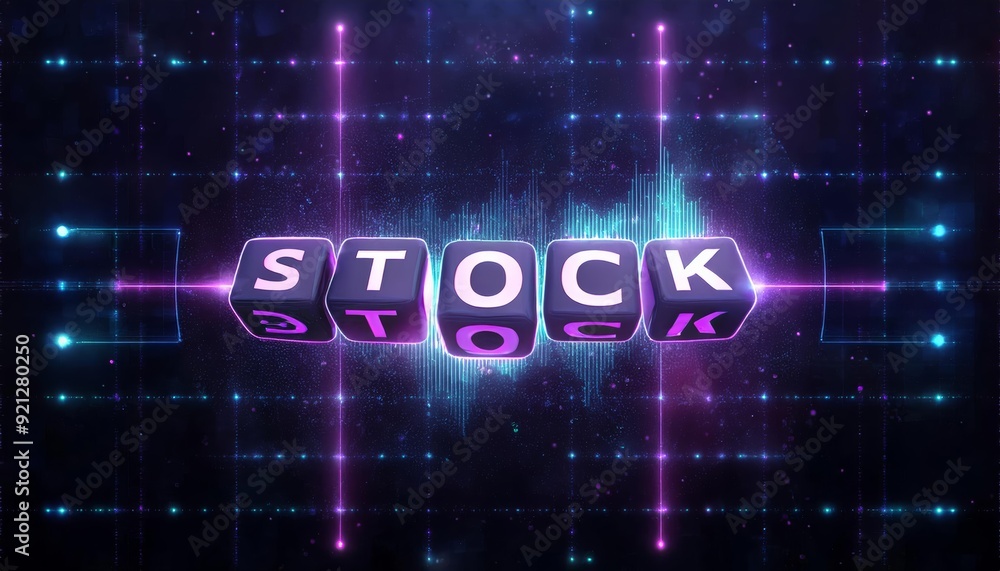 Fototapeta premium Vibrant digital design featuring the word 'STOCK' in a tech-inspired layout, ideal for creative projects and presentations.