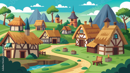 , A medieval village with thatched cottages vector illustration photo