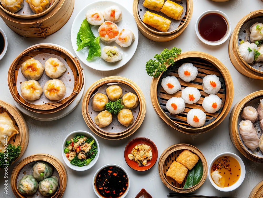 A Dim Sum. The most popular Chinese dishes. A variety of bite-sized dishes traditionally served in small steamer baskets or on small plates, commonly found in Cantonese cuisine. A Dim Sum. The most popular Chinese dishes. A variety of bite-sized dishes traditionally served in small steamer baskets or on small plates, commonly found in Cantonese cuisine.