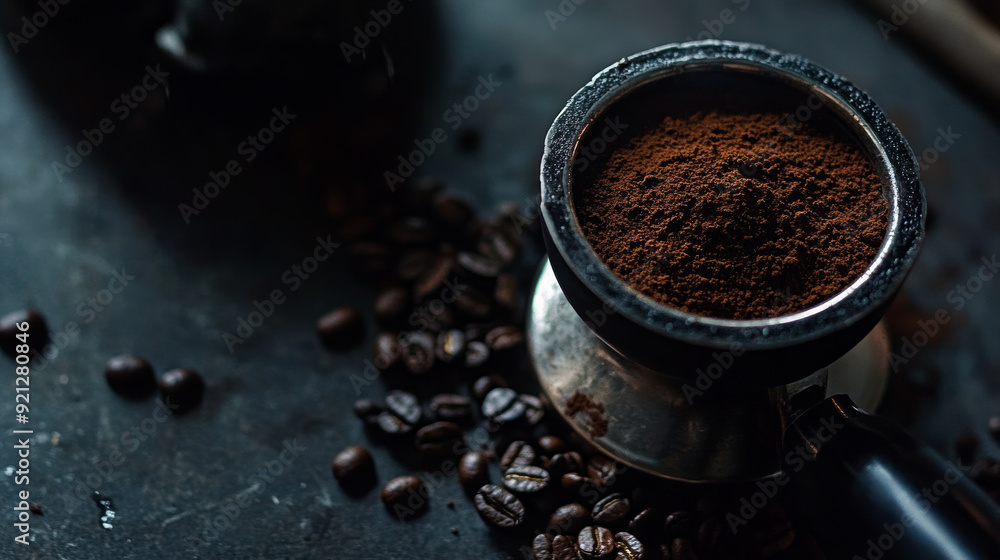 A tamped puck of coffee grounds sits within the basket of a portafilter, surrounded by spilled coffee beans in a dark and moody scene illuminated by natural light. A tamped puck of coffee grounds sits within the basket of a portafilter, surrounded by spilled coffee beans in a dark and moody scene illuminated by natural light.