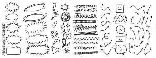 Scribble doodle underline emphasis line shape set. Hand drawn brush stroke, highlight, speech bubble, underline, sparkle element. Editable stroke. Vector illustration.