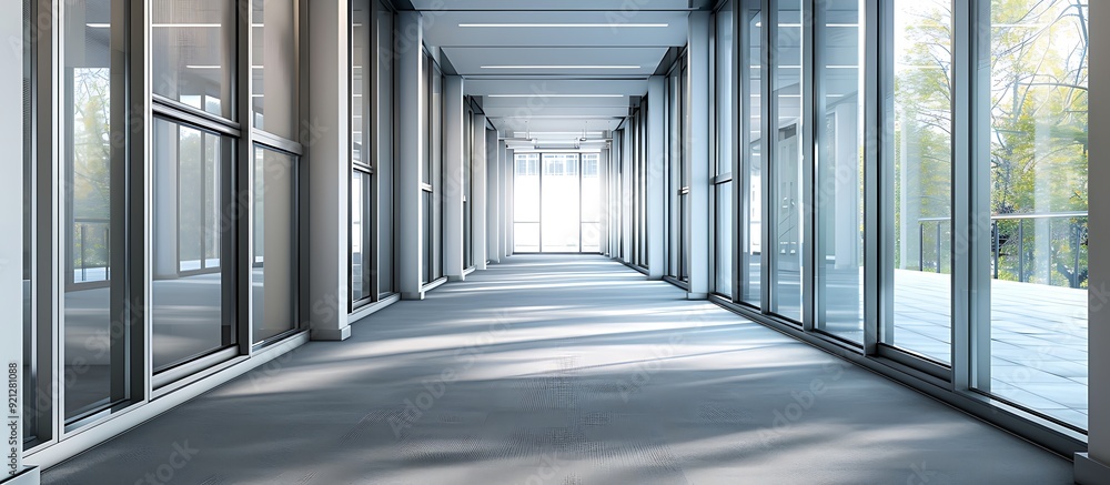 Fototapeta premium An empty office corridor with sleek glass partitions, modern grey carpeting, 