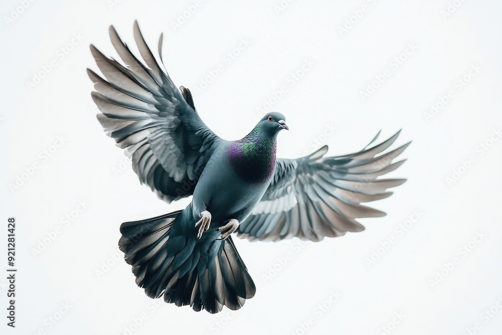 Fototapeta premium A black pigeon in mid-flight, wings outstretched.