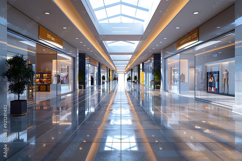 An empty shopping mall hallway with glossy tiled floors, modern storefronts on either side, An empty shopping mall hallway with glossy tiled floors, modern storefronts on either side,
