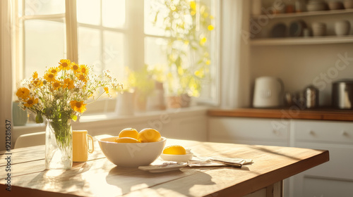 Wallpaper Mural A wooden table in a sunny kitchen, bathed in the soft morning light during breakfast. Torontodigital.ca