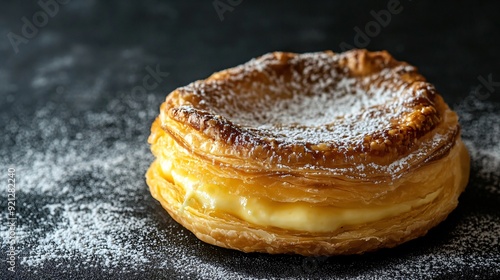 A golden puff pastry with a creamy custard filling, sitting on a dark charcoal concrete background, with a light dusting of powdered sugar for added elegance