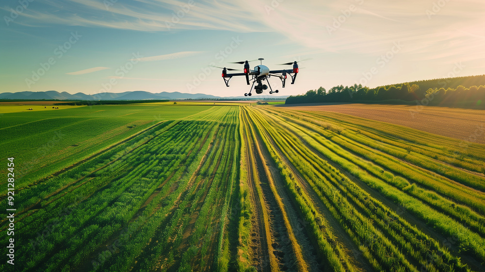 A drone is used for agricultural purposes - spraying crops and pest control over a field of crops. A drone is used for agricultural purposes - spraying crops and pest control over a field of crops.