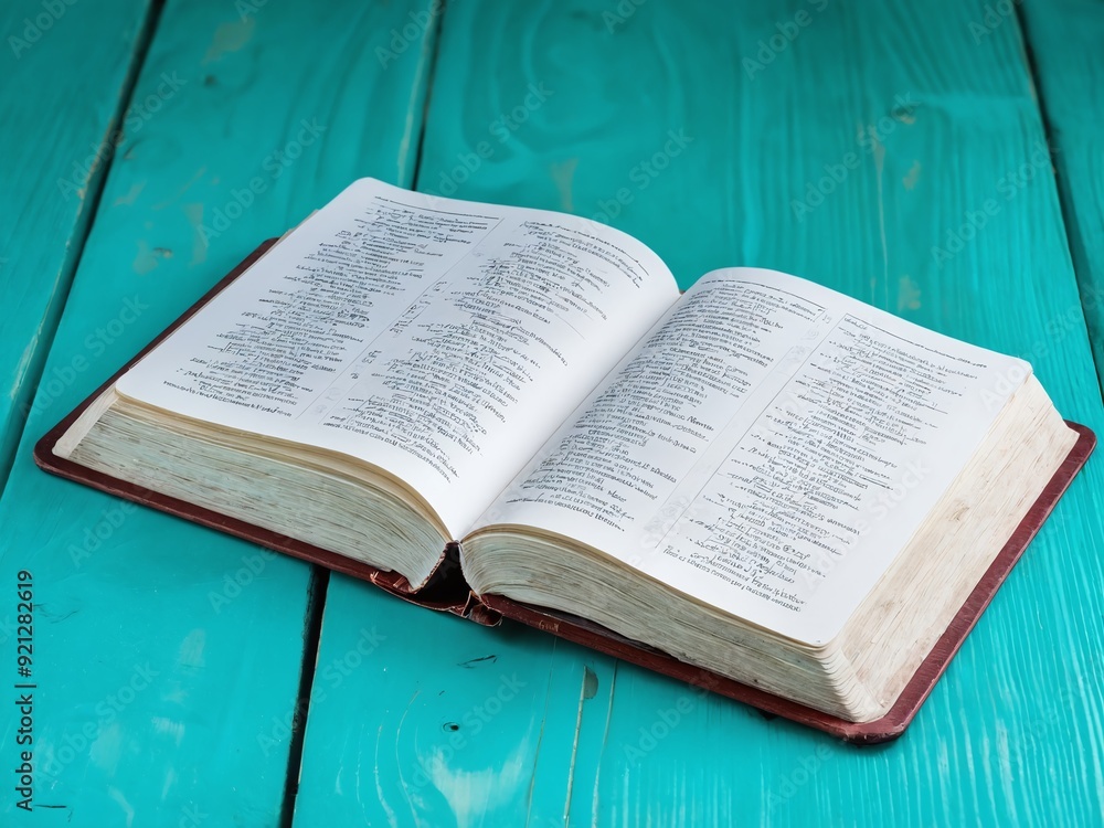Obraz premium An open book resting on a vibrant teal wooden table under natural light