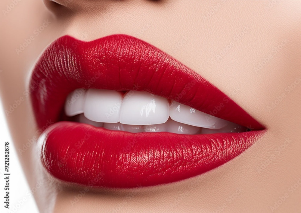 Obraz premium Close up of large plump lips of woman with Hyaluronic acid beauty fillers