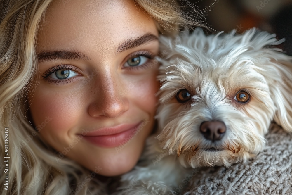 A cozy indoor scene of a woman bonding with her small white dog, capturing a moment of affection and warmth. The natural light enhances the intimate setting, with subtle background elements A cozy indoor scene of a woman bonding with her small white dog, capturing a moment of affection and warmth. The natural light enhances the intimate setting, with subtle background elements