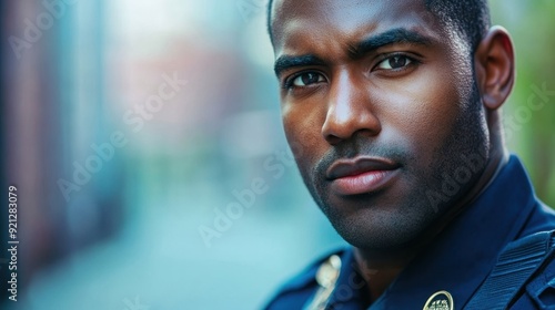 Portrait of an African American police officer on a city street, a serious officer in a US police uniform, space for text