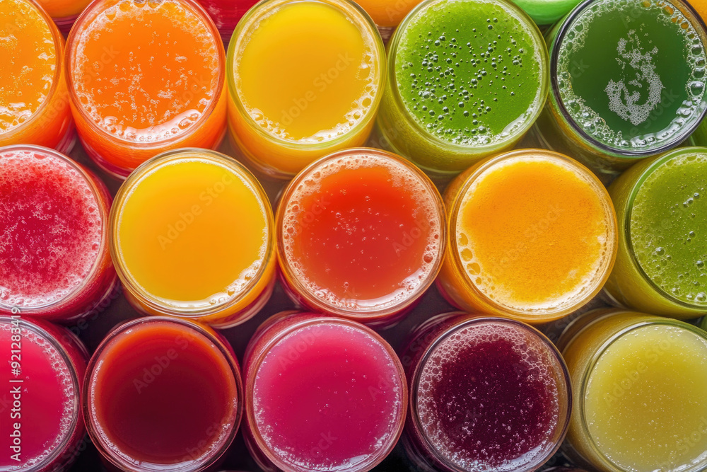 A vibrant array of colorful fruit juices creates a refreshing, dynamic background. A vibrant array of colorful fruit juices creates a refreshing, dynamic background.