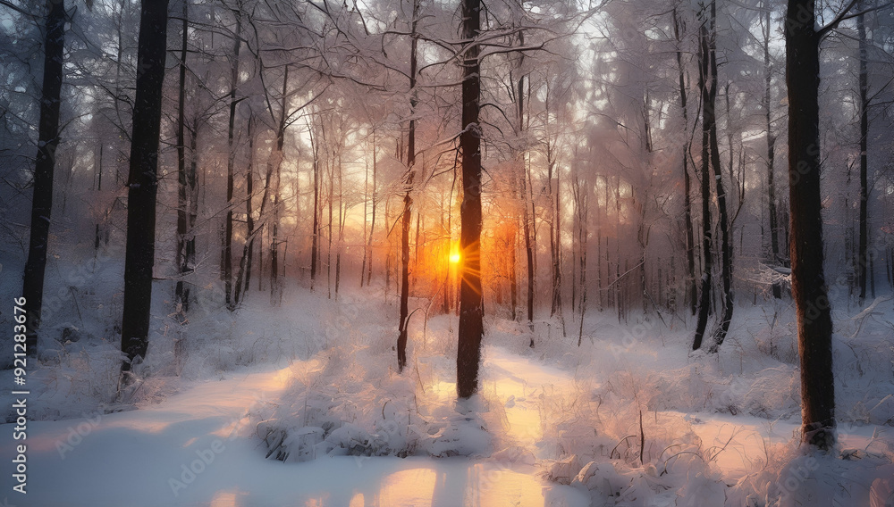 Beautiful winter forest landscape with snow-covered trees and sunlight shining through the branches, Generative AI Beautiful winter forest landscape with snow-covered trees and sunlight shining through the branches, Generative AI