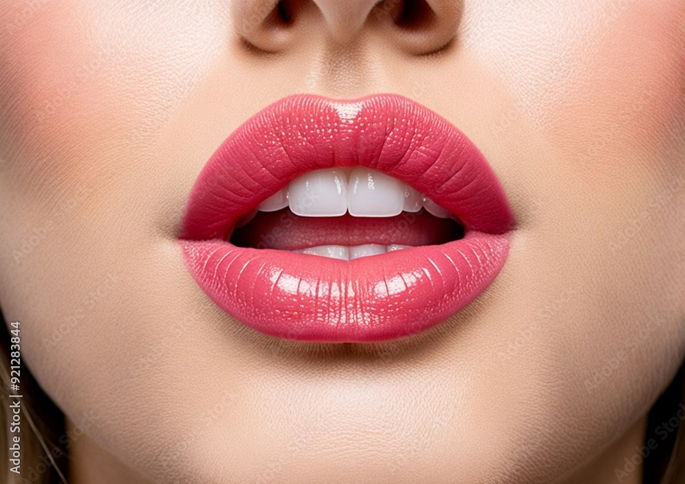 Obraz premium Close up of large plump lips of woman with Hyaluronic acid beauty fillers