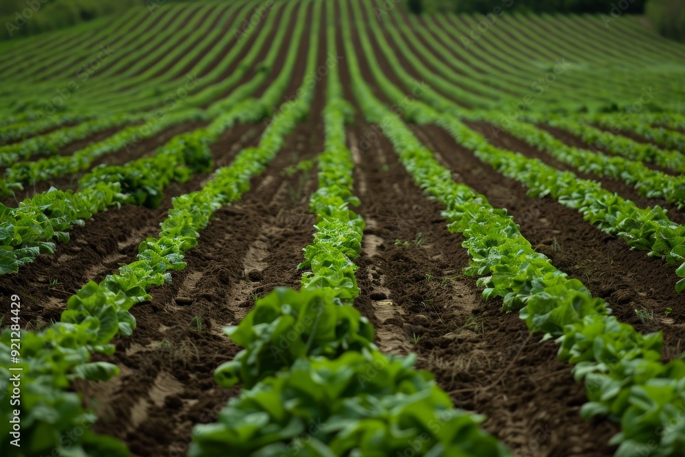 A green field with neatly arranged rows of lettuce plants growing, Imagining a world where all food products are traceable from farm to table A green field with neatly arranged rows of lettuce plants growing, Imagining a world where all food products are traceable from farm to table