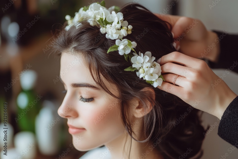 Woman with white flower crown and brunette hair Woman with white flower crown and brunette hair
