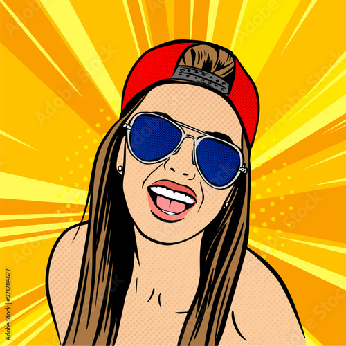 Young happy smiling woman wearing glasses and baseball cap fooling around and sticking out his tongue, summer, comic pop art vector illustration