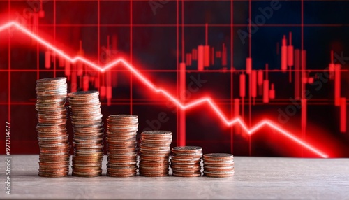 Crisis graph of economical situation with money and coins in regressing order of bad economy 