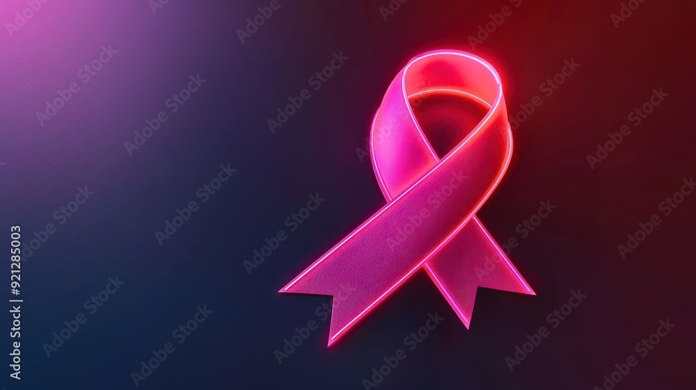 A vibrant pink ribbon glows against a dark background, symbolizing breast cancer awareness and hope for healing. A vibrant pink ribbon glows against a dark background, symbolizing breast cancer awareness and hope for healing.