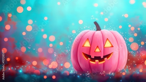 A vibrant pink pumpkin with a smiling face, surrounded by a magical, colorful background perfect for Halloween celebrations.