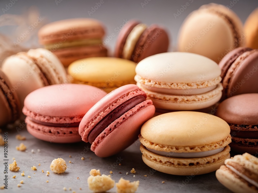 An array of colorful macarons on a gray surface with crumbled pastry pieces An array of colorful macarons on a gray surface with crumbled pastry pieces