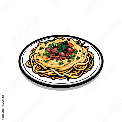 A plate of spaghetti carbonara, topped with pancetta, black pepper, and parsley.