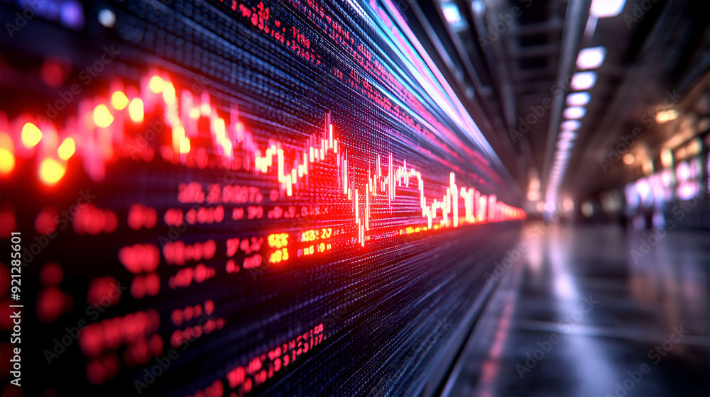 Fototapeta premium Dynamic stock market data visualization with red graph lines representing fluctuations in financial trends.