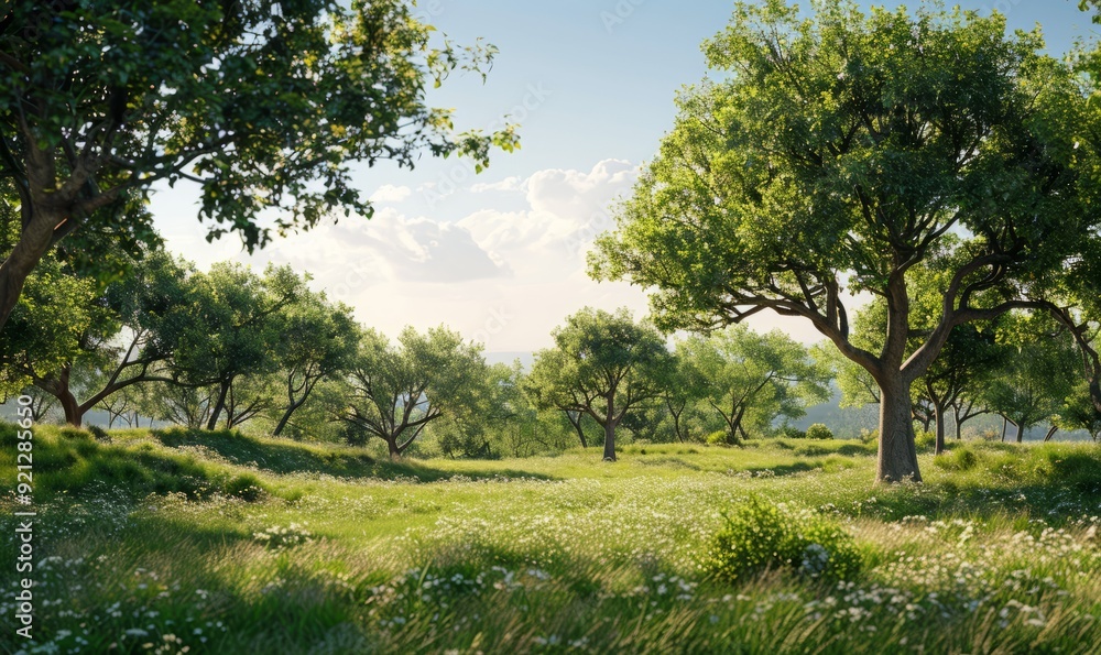 Lush countryside with detailed trees and clear skies Lush countryside with detailed trees and clear skies