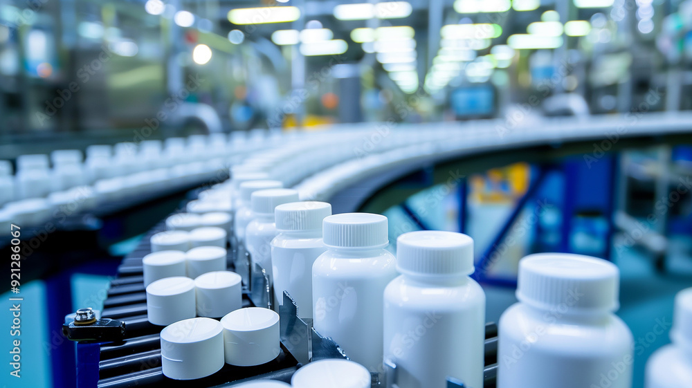 Assembly line with rows of medicine white bottles in a pharmaceutical plant bright lighting Assembly line with rows of medicine white bottles in a pharmaceutical plant bright lighting