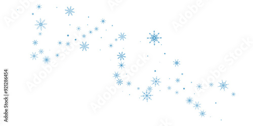 Snowflakes. Snow, snowfall. Falling scattered blue snowflakes on a white background.