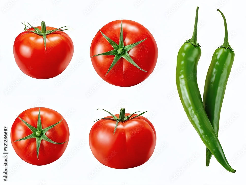 Fresh red tomatoes and green chilies displayed together on a simple white background Fresh red tomatoes and green chilies displayed together on a simple white background