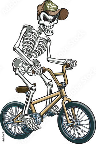 Human skeleton riding on a freestyle BMX moma bike