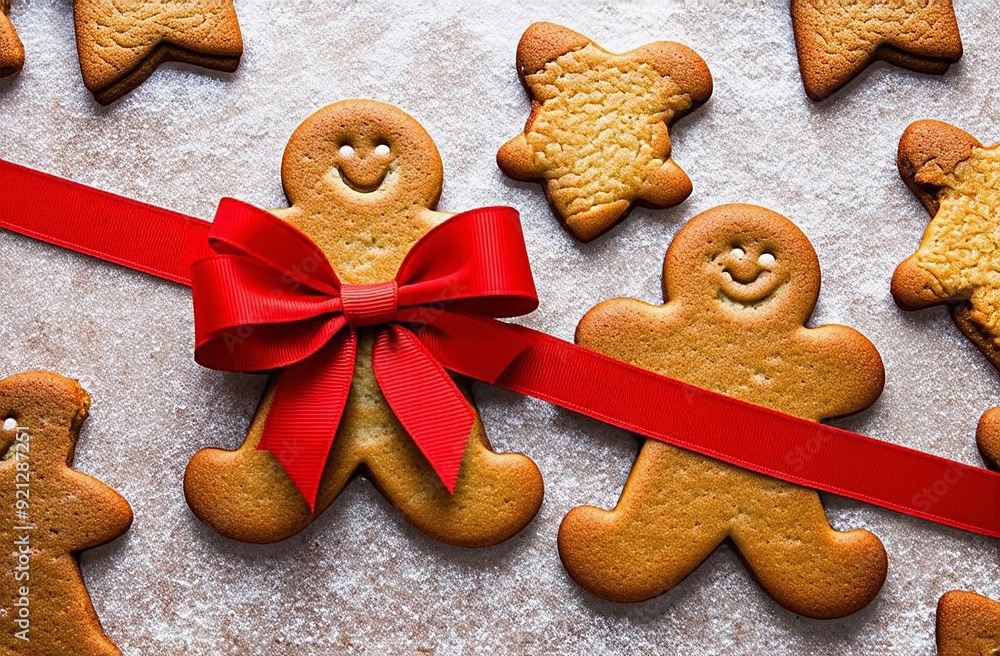 New Year's background with ginger cookies with a red festive ribbon. A New Year's gift from von boke New Year's background with ginger cookies with a red festive ribbon. A New Year's gift from von boke