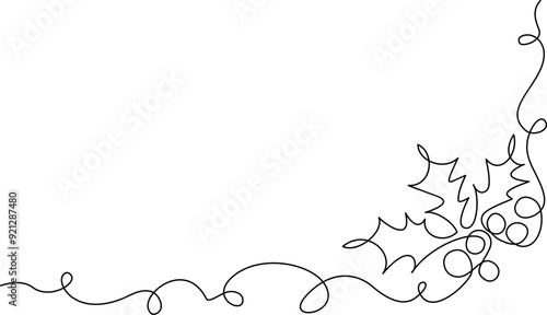 Holly berry leaves decoration. Continuous one line drawing.