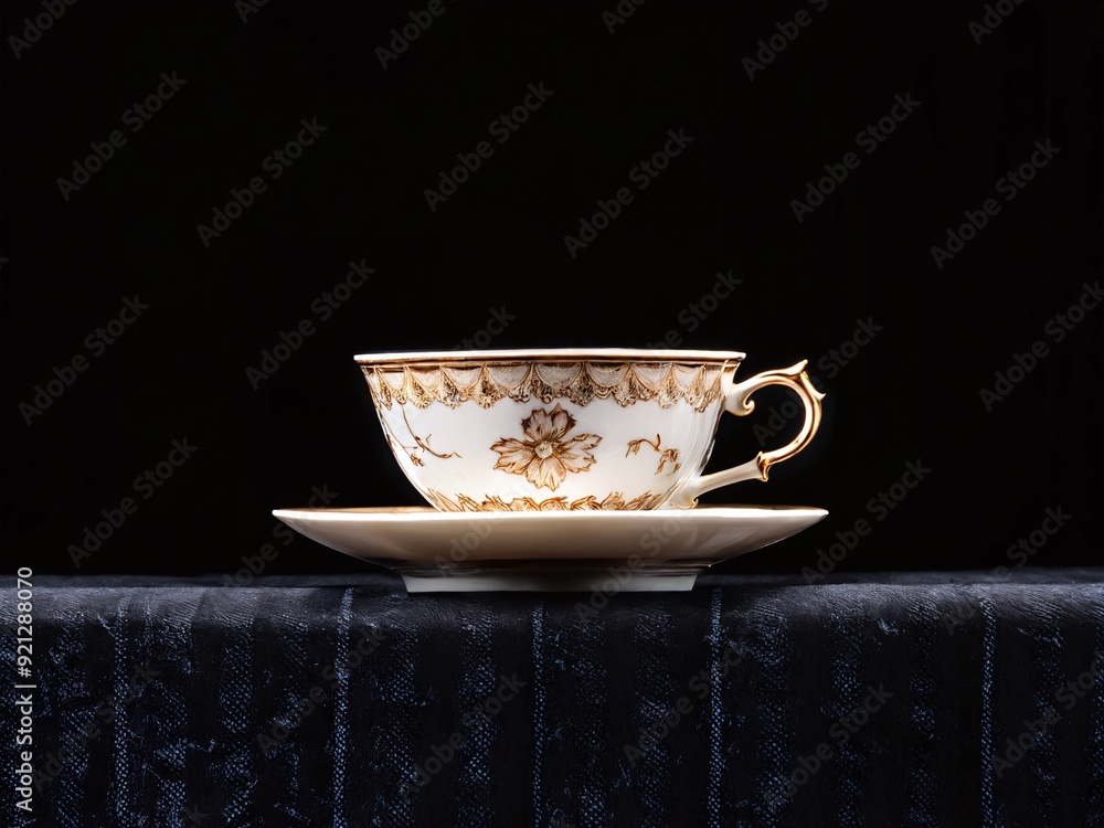 Elegant gold-trimmed tea cup and saucer on dark fabric at evening Elegant gold-trimmed tea cup and saucer on dark fabric at evening