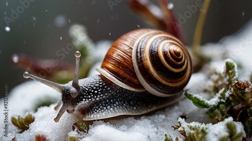 snail in the wild with snow in the background