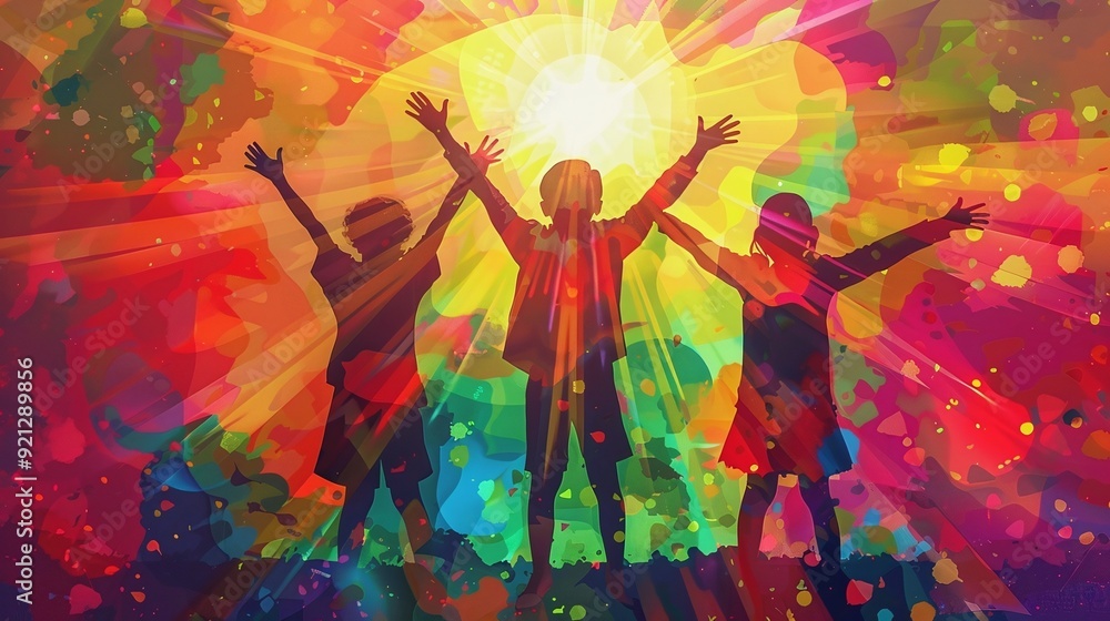 Kids leaping with their arms in the air, with paint splatters scattered around Kids leaping with their arms in the air, with paint splatters scattered around