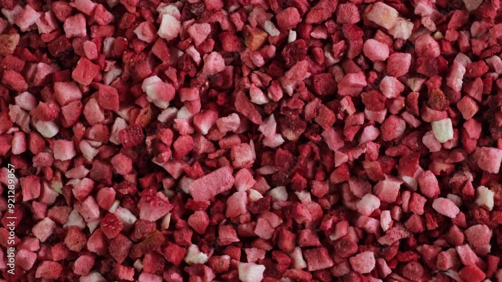 Crunchy pieces of dried strawberries nibs, close-up. Dehydrated strawberry berries. Delicious fruit topping for porridge, cereal, yogurt and desserts. 4K Video, counterclockwise rotation. Crunchy pieces of dried strawberries nibs, close-up. Dehydrated strawberry berries. Delicious fruit topping for porridge, cereal, yogurt and desserts. 4K Video, counterclockwise rotation.