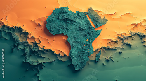 A map of Africa is shown in a green and orange color scheme. The map is made up of small dots and has a pixelated appearance. The colors and style of the map give it a modern and abstract feel