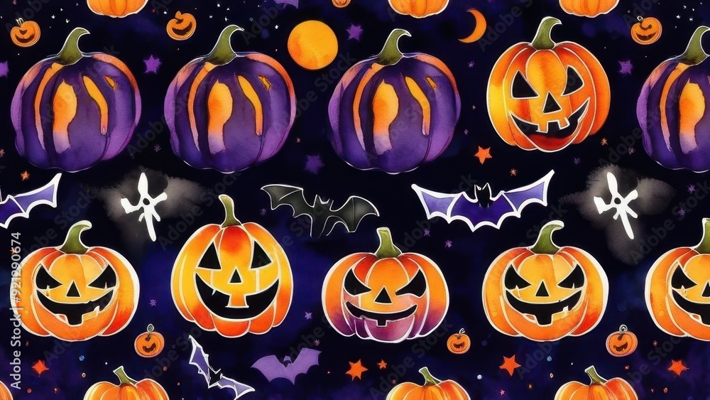 Halloween pattern, ghosts, pumpkins, bats on a dark background, Halloween wallpaper Halloween pattern, ghosts, pumpkins, bats on a dark background, Halloween wallpaper