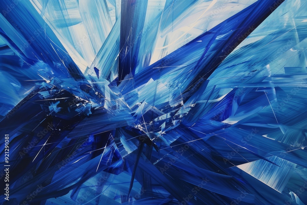 Obraz premium Geometric shapes and lines in blue and white colors create an abstract painting, Incorporate geometric shapes and lines to enhance the sense of movement and energy in a blue explosion