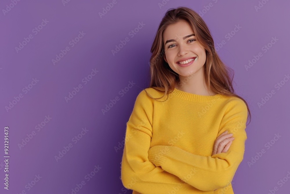Attractive young representative of business people community standing confidently with arms crossed smiling toothily wearing yellow sweater isolated over purple pastel color background Attractive young representative of business people community standing confidently with arms crossed smiling toothily wearing yellow sweater isolated over purple pastel color background