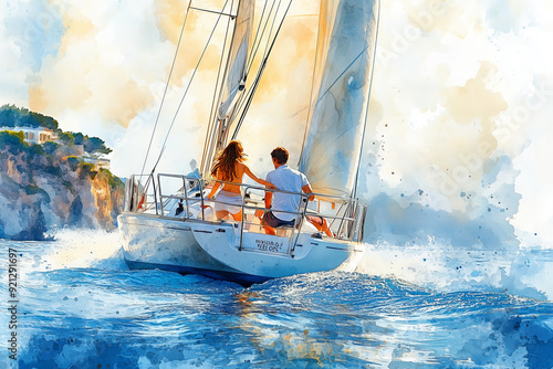 Watercolor painting of a sailboat sailing on the sea, island tourism.