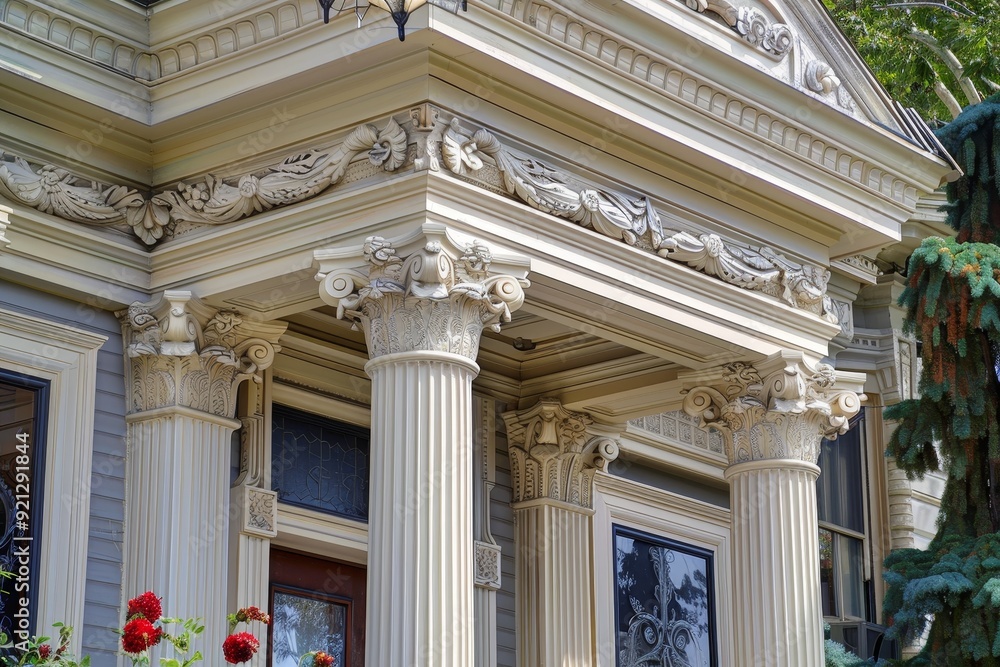 A Victorian house adorned with columns and blooming flowers in the front yard, Incorporate intricate details such as friezes, pediments, and pilasters into a neoclassical structure A Victorian house adorned with columns and blooming flowers in the front yard, Incorporate intricate details such as friezes, pediments, and pilasters into a neoclassical structure
