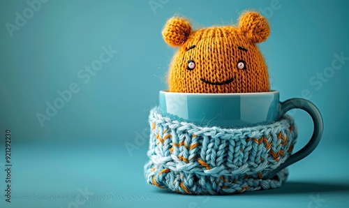 Blue monday concept. Cup of tea with sad smiley face wrapped in a knitted scarf on blue background. The saddest day of the year photo