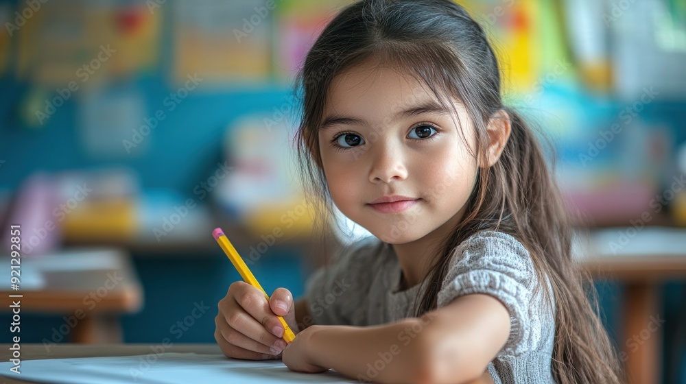 Young girl focused on her writing in the classroom. Young girl focused on her writing in the classroom.