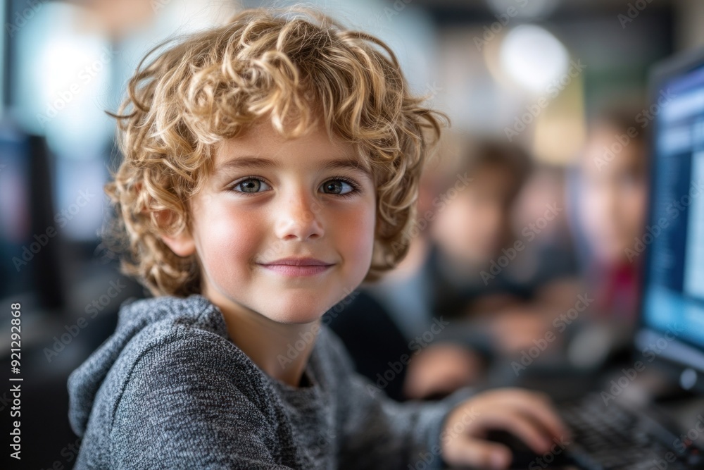 Blonde curly-haired boy working on a computer task.
