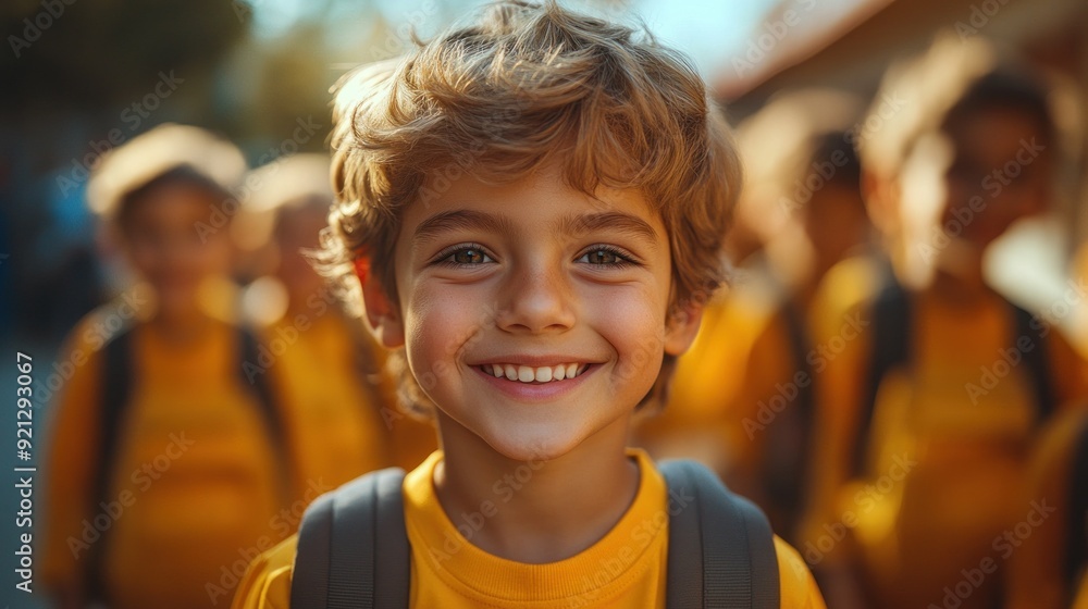 Boy in yellow shirt smiling, outside at school event Boy in yellow shirt smiling, outside at school event