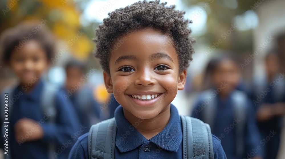 Happy boy with backpack enjoying school, outdoors Happy boy with backpack enjoying school, outdoors