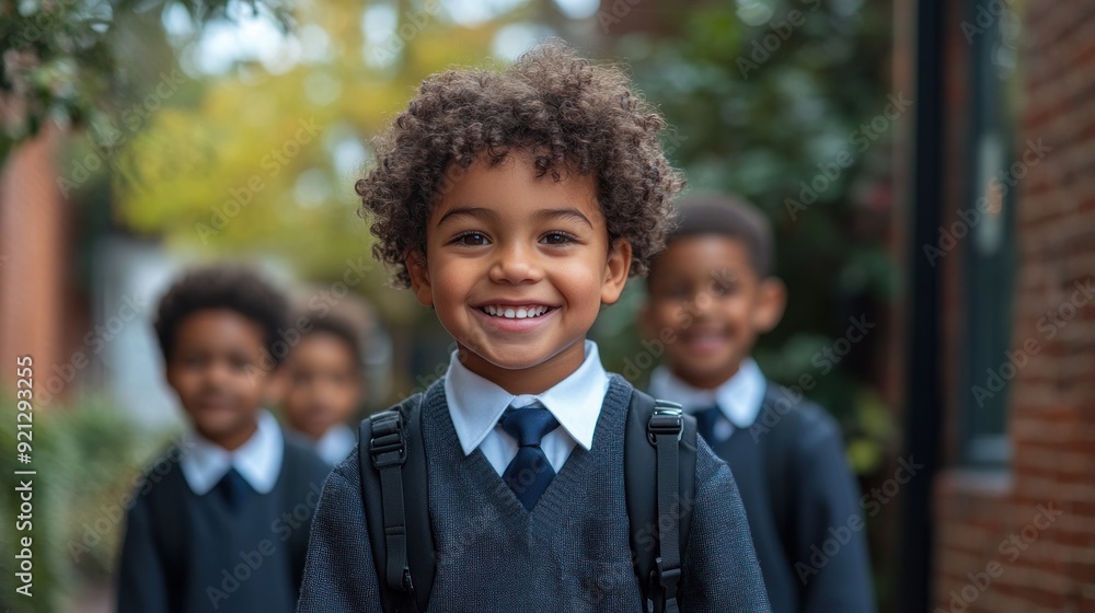 Smiling child in gray uniform and tie outdoors. Smiling child in gray uniform and tie outdoors.